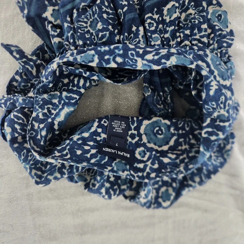 90s 00s Ralph Lauren Girls Blue White Floral‎ Linen Blend Wrap Ruffle Skirt 7